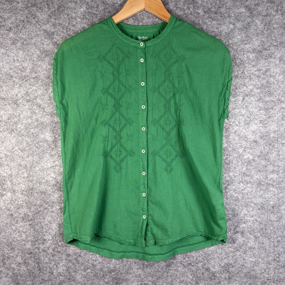 HARTFORD Short Sleeve Top Women's Size 0 Green Button Up‎ Blouse Boho NWOT